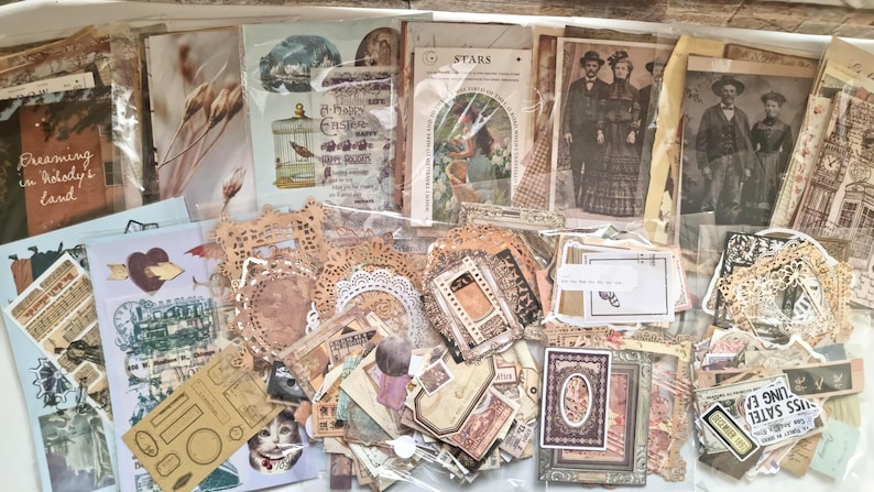 Op de afbeelding: Een verzameling vintage scrapbookpapier, stickers en ephemera. De collectie bevat afbeeldingen van botanische elementen, antieke portretten en architectonische ontwerpen. Het kleurenpalet is voornamelijk sepia, beige en cr&egrave;me.