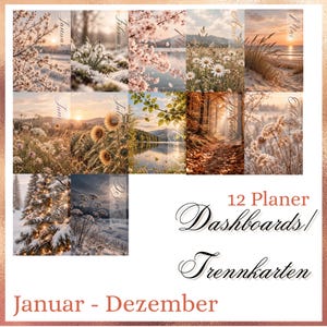 DIGITAL FILE | 12 x Planner Dashboards, Jan - Dec | Divider Cards | Cover Sheet | Journal Card | NATURE Theme | Customizable Sizes