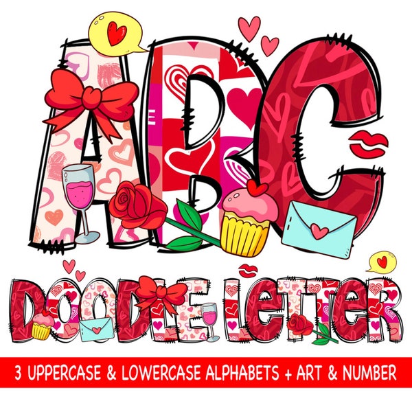 Valentines Doodle Alphabet letters PNG, Clip Art, Doodle Alpha Bundle, Valentines Letters, Make your own name, Valentines Font PNG