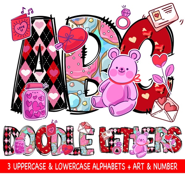 MEGA Valentines Doodle letters with Clip Art PNG Files, Custom Name Doodle Alpha Bundle, Valentines Day Clipart Alphabet Doodle