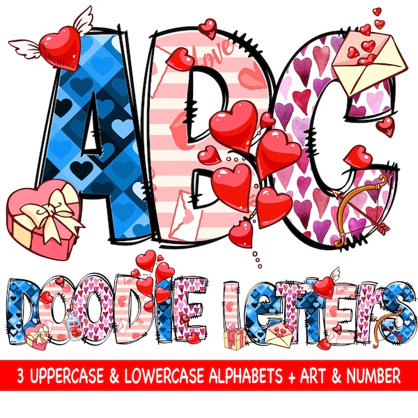 Valentine's Day Alphabet PNG, Valentines Letters, Valentines Doodle, Love Letter, Valentine, Sublimation, Bundle