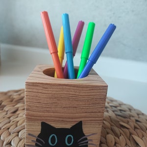 LovelyCat Handgefertigter Organizer aus Holz, Pflanztopf aus Holz, Bleistifthalter aus Holz, Holzhandwerk, Holzschnitzerei, Blumentopf, Stifthalter aus Holz, Blumentopf