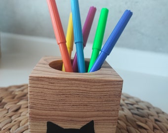 LovelyCat Handmade wooden organizer, wooden planter pot, wooden pencil holder, wood craft, carvet wood, macetero, lapicero de madera, maceta