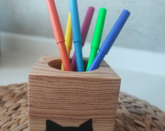 LovelyCat Organisateur en bois fait à la main, pot de jardinière en bois, porte-crayon en bois, artisanat en bois, bois sculpté, pot de fleur, porte-stylo en bois, pot de fleur