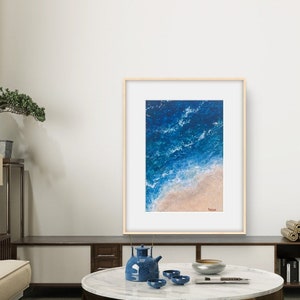Gemälde „Blauer Meeresstrand“ Handgefertigt mit Acrylfarbe auf Holz. Kunstwerk. „Blauer Meeresstrand“ Acrylgemälde auf Holz handgefertigt.