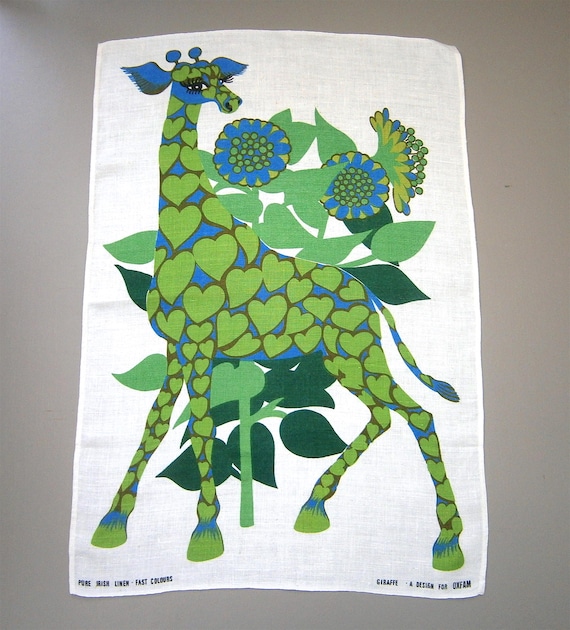 Vintage Tea Towel Belinda Lyon Green Giraffe Oxfam 1960s 1970's Unused Condition