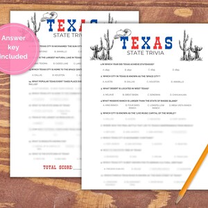 May include: A printable Texas state trivia game featuring a red, white and blue Texas flag design. The game includes questions about the state's history, geography and culture. The answer key is included.