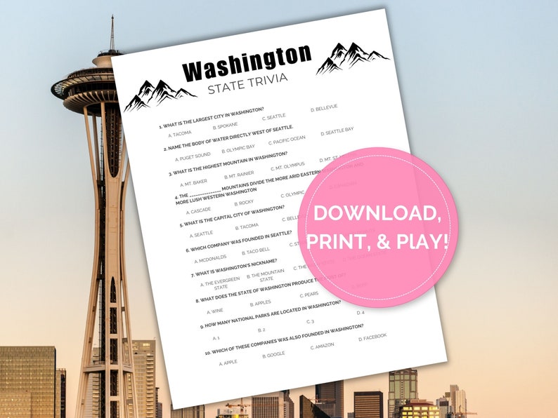 Washington Trivia Game, USA Trivia, Printable Trivia, Family Game Night