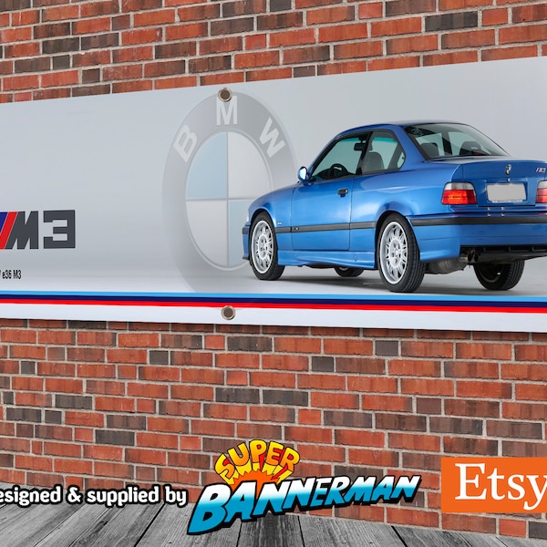 BMW e36 M3 Estoril Blue Banner for Garage, Workshop, Showroom etc