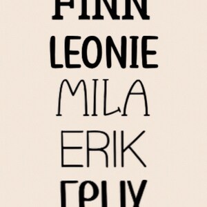 May include: A vertical list of five names: Finn, Leonie, Mila, Erik, and Felix.