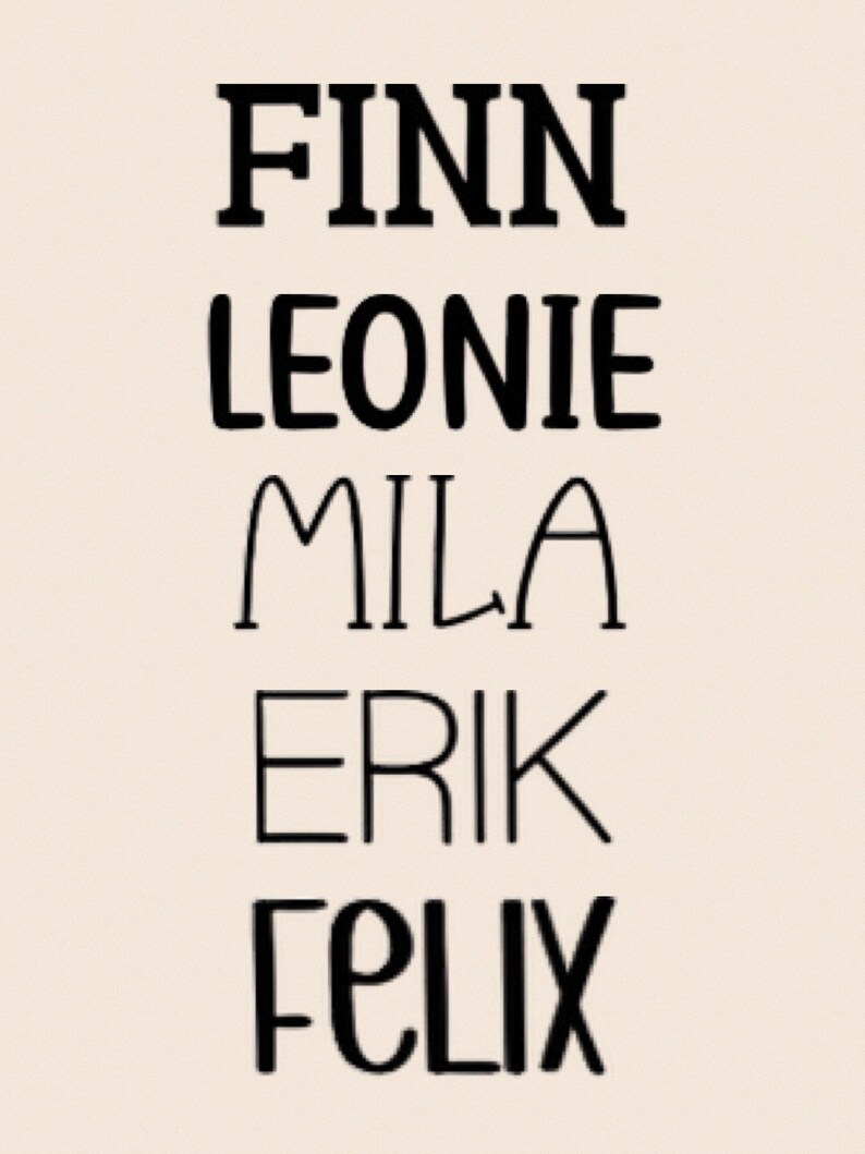 May include: A vertical list of five names: Finn, Leonie, Mila, Erik, and Felix.