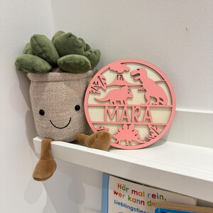 May include: Pink wooden dinosaur-themed name sign with the name "MARA" cut out in the centre. The sign is on a white shelf with a plush succulent plant toy.