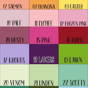 May include: A colour chart with 28 different paint colours, each with a number and a name. The colours range from light to dark, and include shades of brown, white, pink, green, blue, and grey.