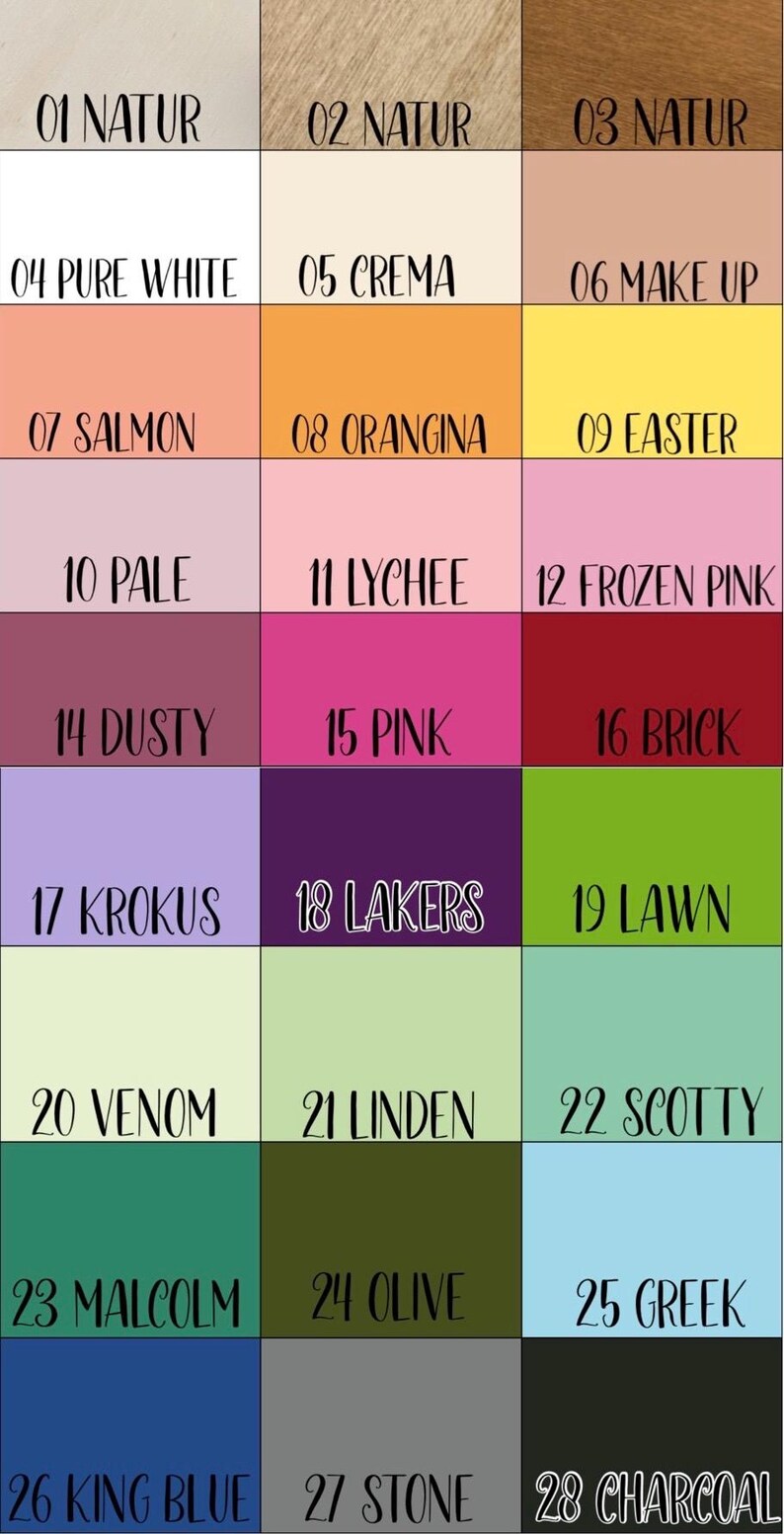 May include: A colour chart with 28 different paint colours, each with a number and a name. The colours range from light to dark, and include shades of brown, white, pink, green, blue, and grey.