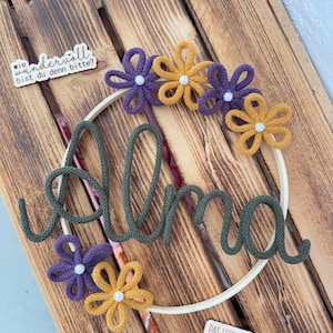 Personalisierter Schriftzug aus Draht und Wolle Türschild Namensschild Geschenk Taufe Geburt Hochzeit Platzkarte Buchstaben Strickname