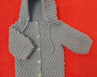 Handmade Blue Baby Jacket 0 - 3 Months with Hood and Button Closure