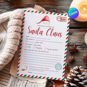 Brief an Santa bearbeitbar, druckbar für Weihnachtswunschbuchstaben, Weihnachtsbrief, einfach zu drucken, sofort herunterladen, druckbar für Kinder, Canva