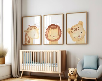 Set of 3 Safari Nursery Animal Wall Art Prints,  Nursery Decor, Watercolour Animals Nursery wall prints, kids room decor, digital download