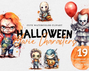 19 Cute Halloween Movie Characters Watercolor Clipart  | Halloween Clipart for Crafts & Decor, Transparent PNG, Commercial Use, Digital