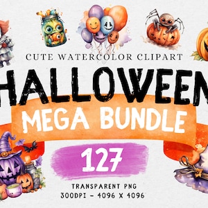 MEGA PAQUETE - 127 lindos clipart de acuarela de Halloween / clipart para manualidades y decoración, PNG transparente, uso comercial, descarga digital