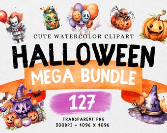 MEGA BUNDLE - 127 Halloween Watercolor cute Clipart  | Clipart for Crafts & Decor, Transparent PNG, Commercial Use, Digital download