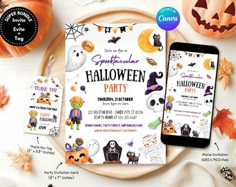 Op de afbeelding: Een printbare Halloween-party uitnodigingsbundel met een griezelig thema. De bundel bevat een 13x18 cm party uitnodigingskaart, een 5x9 cm bedankkaartje en een 1080x1920 pixel telefoonuitnodiging. De uitnodigingen hebben een aquarelontwerp met een geest, een skelet, een mummie, een pompoen en een zwarte kat. De tekst op de uitnodigingen luidt "Spooktacular Halloween Party".