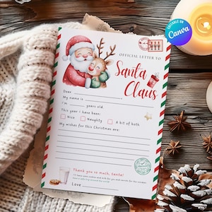 May include: A festive letter to Santa Claus, featuring a watercolor illustration of Santa Claus and a reindeer. The letter has lines for personalization and is decorated with red and green stripes, stars, and a gift box.