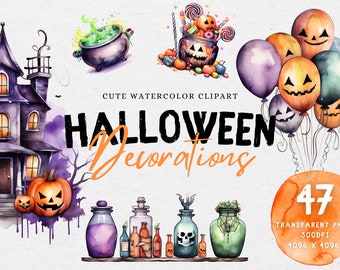 47 Cute Halloween Watercolor Decorations Clipart  | Halloween Clipart for Crafts & Decor, Transparent PNG, Commercial Use, Digital download