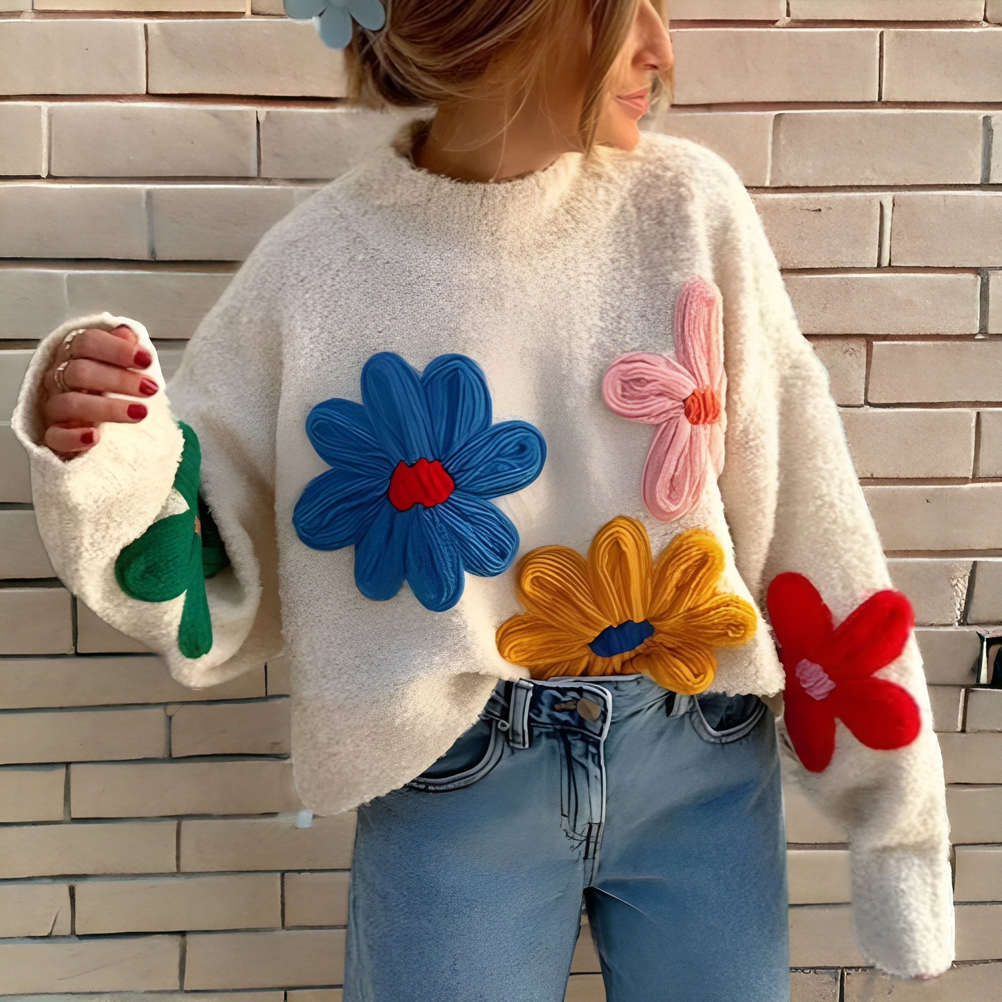 Colorful Flowers Knitted Sweater Vintage Inspired Flower Knitted