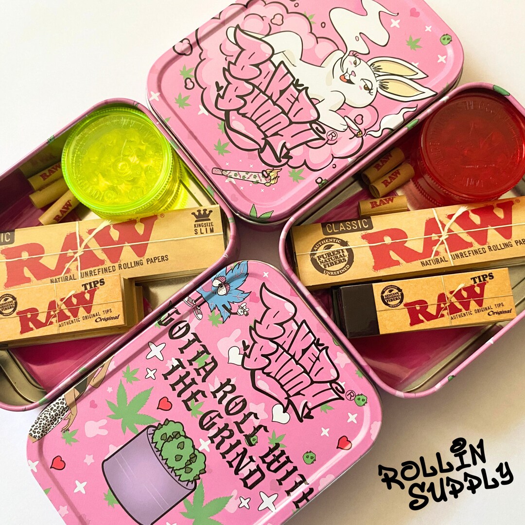 Pocket Smoke Kit Baked Bunny Pink Tobacco Tin Gift Set RAW King Size