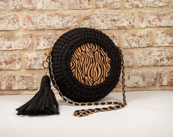 Black Round Bag Crochet, Original Front Zebra Pattern, Cotton Shoulder Handbag, Unique Style Bag For Women and Girls, Gift for Her