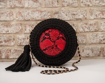 Black Round Bag Crochet, Original Front Red Snake Pattern, Cotton Shoulder Handbag, Unique Style Bag For Women and Girls, Gift for Her