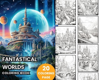 Fantastical Worlds Coloring Book - Adult Coloring Pages, Instant Download, Grayscale Coloring Book, Printable PDF File