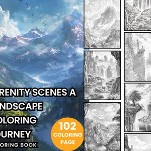 LANDSCAPE Coloring Book 102 coloring page-Instant Download, Grayscale Coloring Book,Printable PDF File.2 formats: full-color and black&white