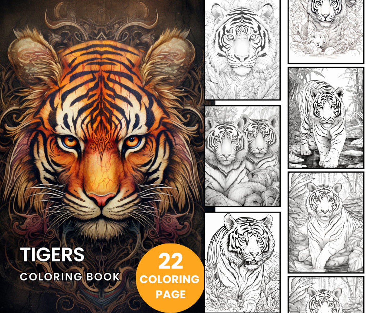 Tigers Coloring Book Adult Coloring Pages, Instant Download, Grayscale ...
