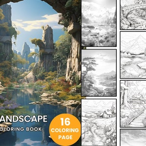 LANDSCAPE Coloring Book - Adult Coloring Pages, Instant Download, Grayscale Coloring Book, Printable PDF File