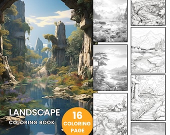 Livro de colorir PAISAGENS - Páginas para colorir para adultos, download instantâneo, livro de colorir em tons de cinza, arquivo PDF para impressão