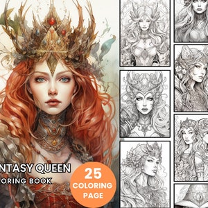 Fantasy Queen Coloring Book - Adult Coloring Pages, Instant Download, Grayscale Coloring Book, Printable PDF File