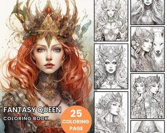 Fantasy Queen Coloring Book - Adult Coloring Pages, Instant Download, Grayscale Coloring Book, Printable PDF File