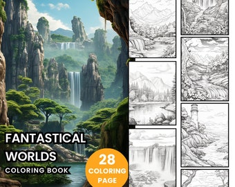 Livro de colorir PAISAGEM 28 imagens - páginas para colorir para adultos, download instantâneo, livro para colorir em tons de cinza, arquivo PDF para impressão