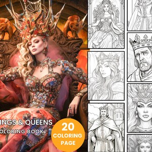 Kings and Queens Coloring Book - Adult Coloring Pages, Instant Download, Grayscale Coloring Book, Printable PDF File