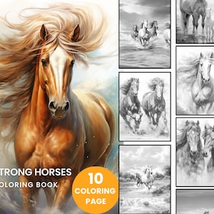 Strong Horses Coloring Book - Adult Coloring Pages, Instant Download, Grayscale Coloring Book, Printable PDF File