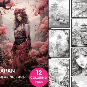 Japan Coloring Book - Adult Coloring Pages, Instant Download, Grayscale Coloring Book, Printable PDF File