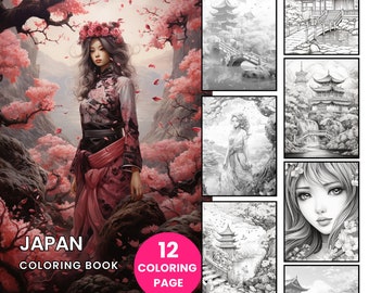 Japan Coloring Book - Adult Coloring Pages, Instant Download, Grayscale Coloring Book, Printable PDF File