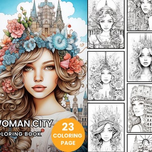 City woman Coloring Book - Adult Coloring Pages, Instant Download, Grayscale Coloring Book, Printable PDF File