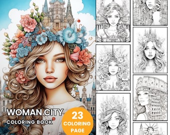 City woman Coloring Book - Adult Coloring Pages, Instant Download, Grayscale Coloring Book, Printable PDF File