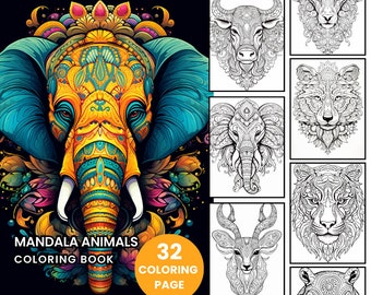 Mandala animals Coloring Book - Adult Coloring Pages, Instant Download, Grayscale Coloring Book, Printable PDF File