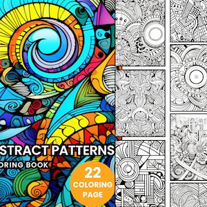 May include: A colouring book with 22 pages featuring abstract patterns. The cover features a colourful, swirling design with a blue centre.