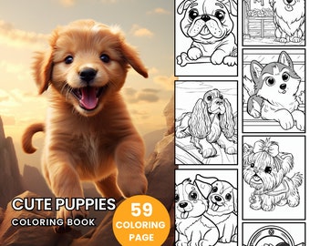 Cute Puppies Coloring Book - Coloring Pages, Instant Download, Grayscale Coloring Book, Printable PDF File