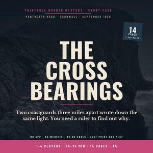 May include: A printable murder mystery game titled The Cross Bearings, set in Pentreath Head, Cornwall, September 1938. The document includes 14 pages, 2 PDF files, and instructions for 1-4 players, 45-75 minutes of play, and A4 paper size.